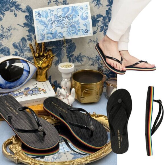 🆕 KURT GEIGER LONDON 🧿 NWOB Rainbow Kensington Black Rubber Flipflop, Sz 7.5 - Picture 1 of 13